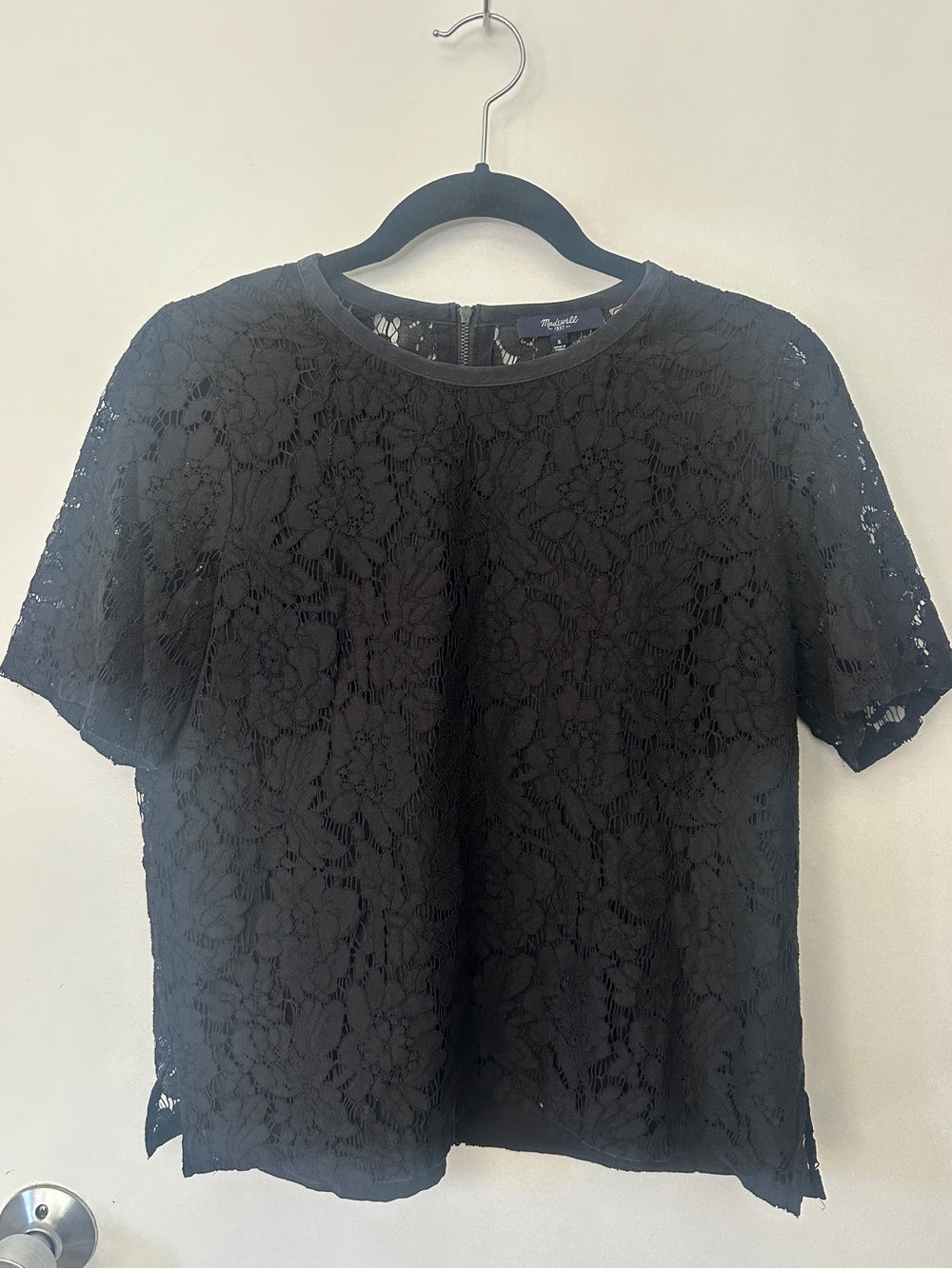 Madewell Black Floral Lace Short Sleeve Top